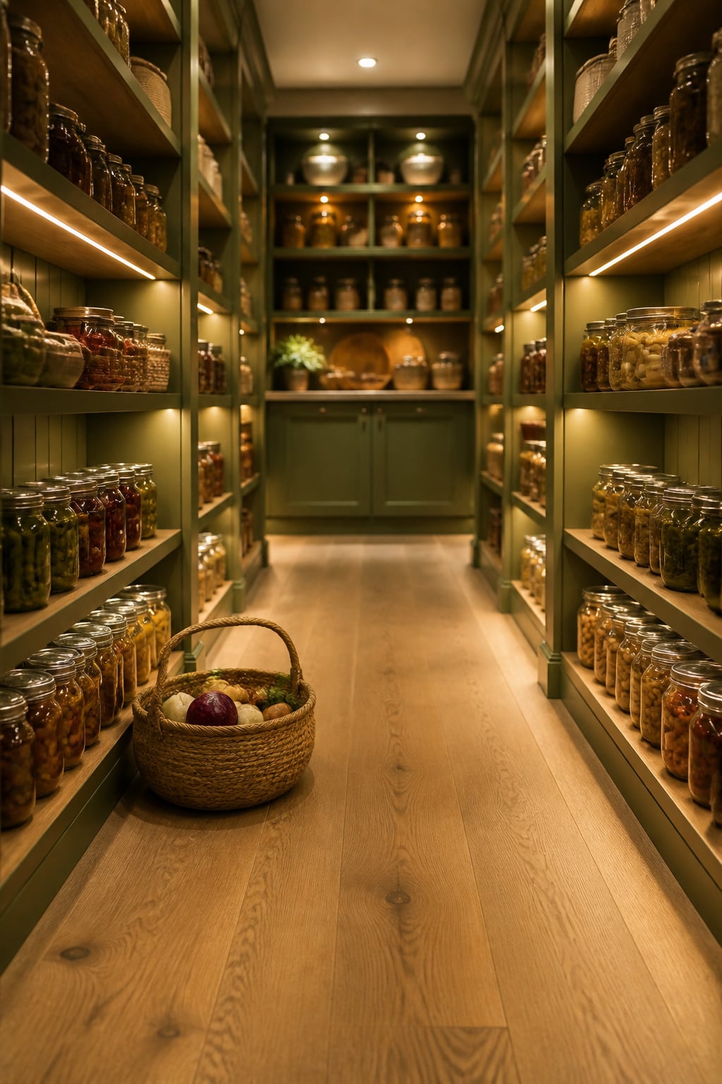 Walk-in pantry aisle with a woven basket on the floor between two walls of stocked shelving
