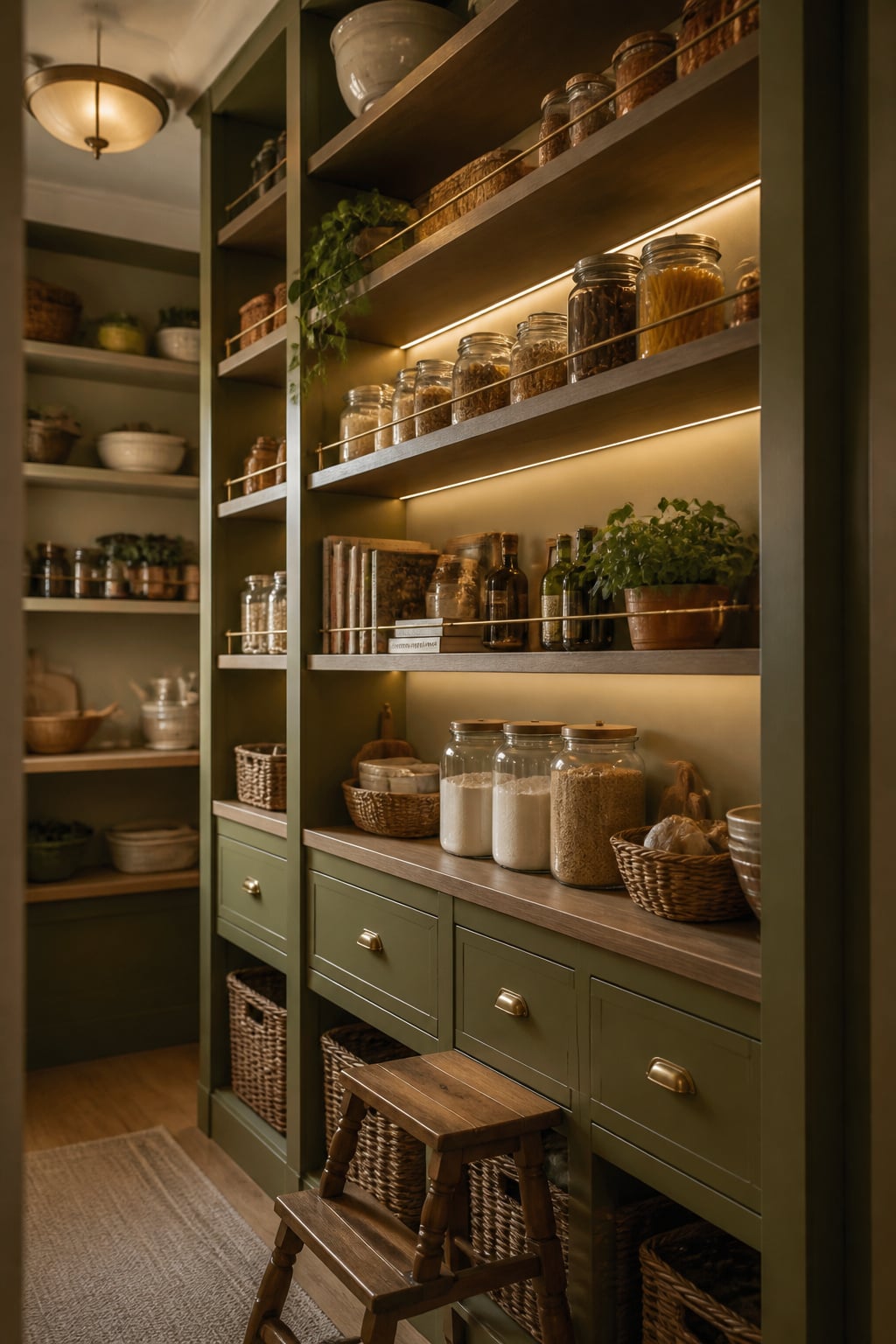 Floor-to-ceiling pantry shelving stocked with jars and canisters, with a wooden step stool at the base