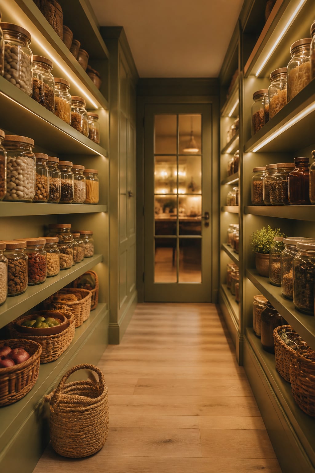 Walk-in pantry aisle with stocked open shelving of jars and canisters on both sides, warm under-shelf lighting