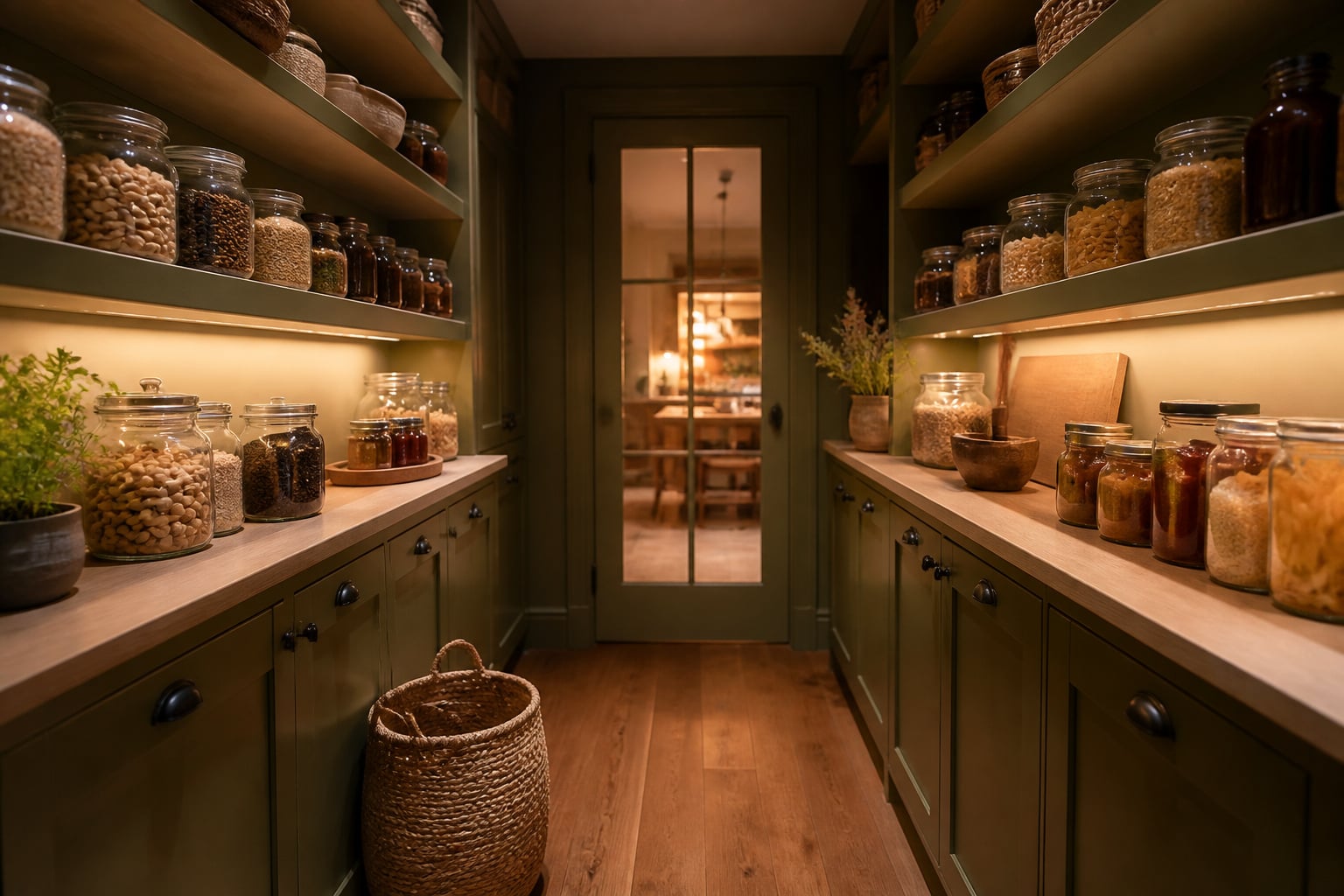 Walk-in pantry aisle with stocked open shelving of jars and canisters on both sides, warm under-shelf lighting