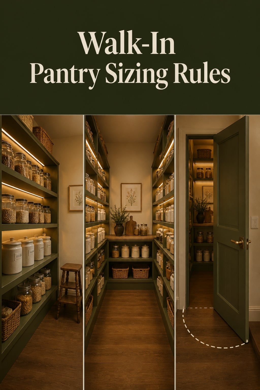Pinterest pin collage of a walk-in pantry showing single-sided shelving, a double-sided aisle, and a pantry door swing, with deep olive headline band reading Walk-In Pantry Sizing Rules