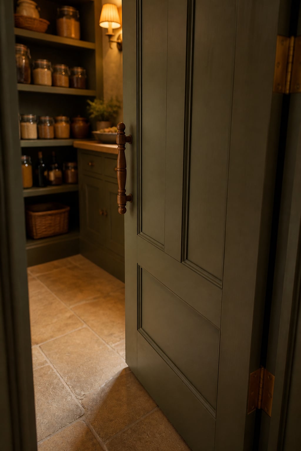 Olive-painted pantry door swung open on brass hinges in front of a stocked shelf run
