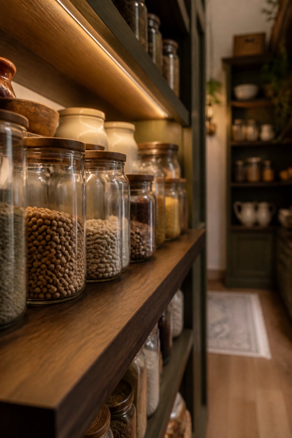 Walnut pantry shelf stocked with glass jars and stoneware canisters, with the room's aisle visible beyond