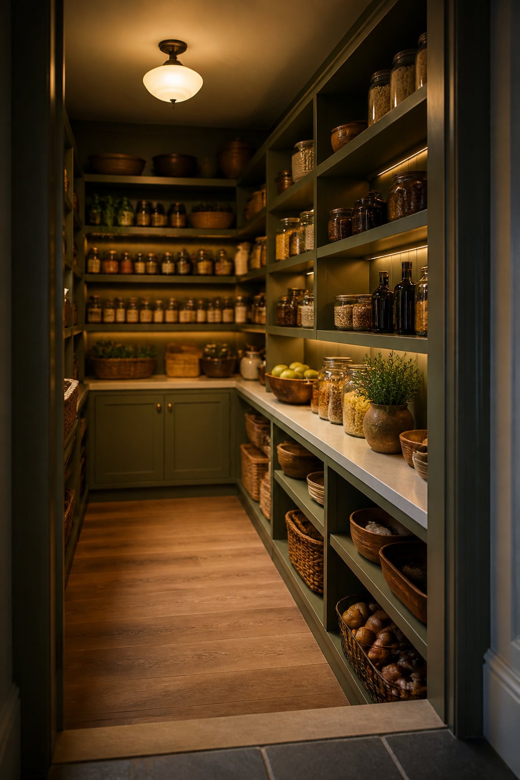 U-shaped walk-in pantry with stocked shelving on three walls viewed from the doorway