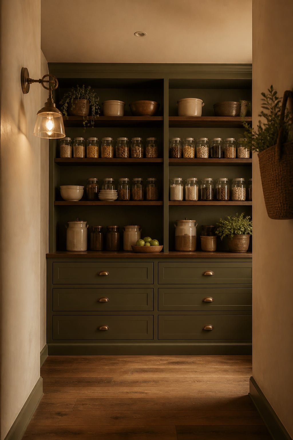 Single-sided walk-in pantry shelving spanning the full wall width, stocked with glass jars and stoneware canisters